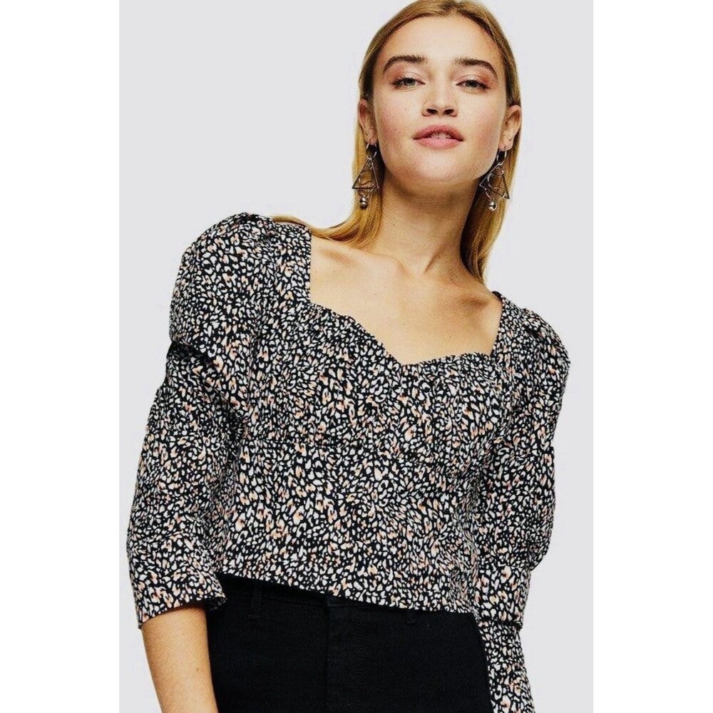 Topshop Women Size 10 Sweetheart Neckline Animal Print 3/4 Sleeve Blouse Boho